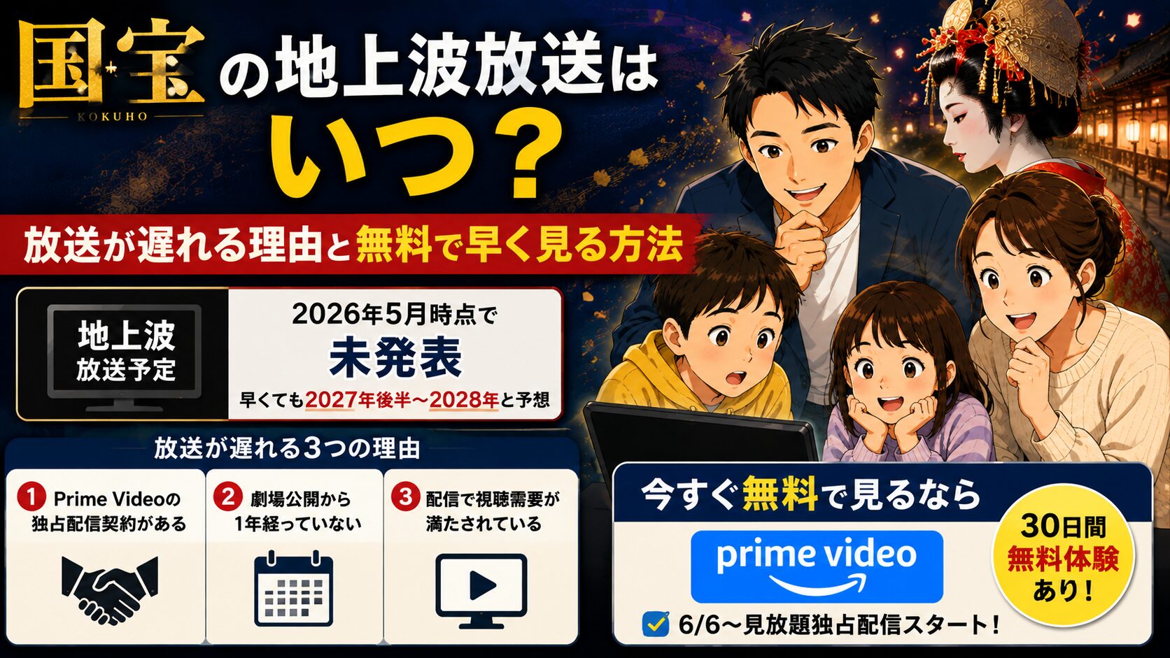 国宝の地上波放送はいつ？放送が遅れる理由と無料で早く見る方法